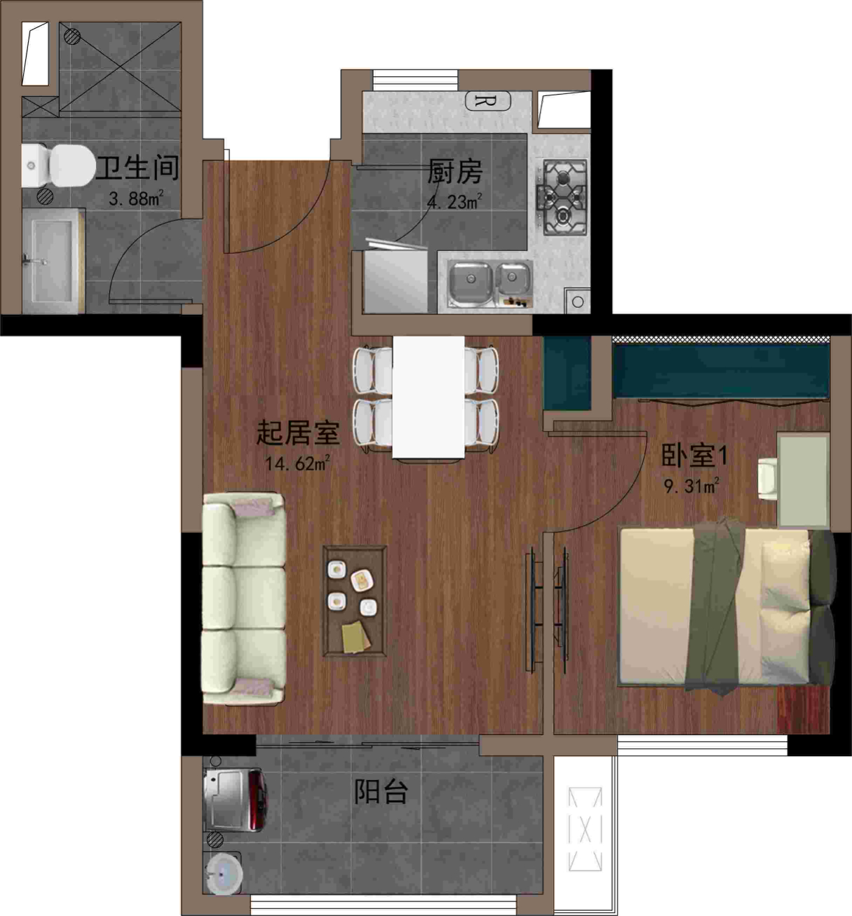 金卓雅苑一室户A户型图第1张