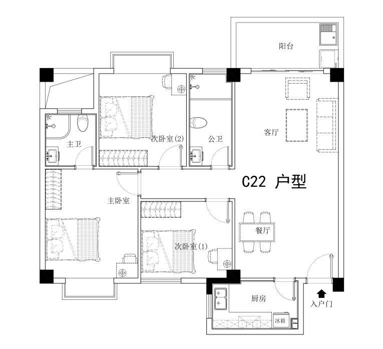 源泉山庄B地块三房型户型图第1张