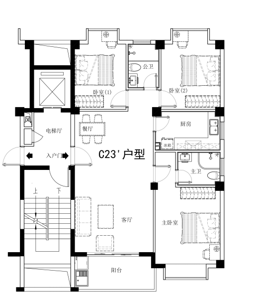 源泉山庄B地块三房型户型图缩略图2